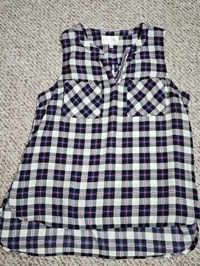 Sleeveless Plaid Shell Top in White, Black & Purple
